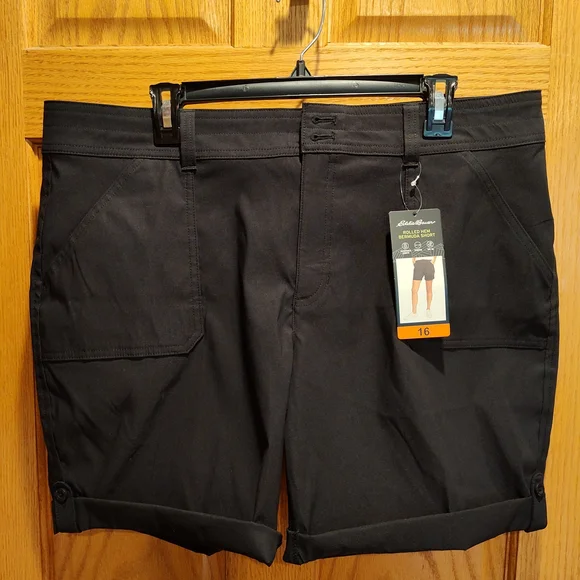 NWT Women's Eddie Bauer Black Rolled Hem Bermuda Shorts, Adjustable, UPF50 - Picture 1 of 9
